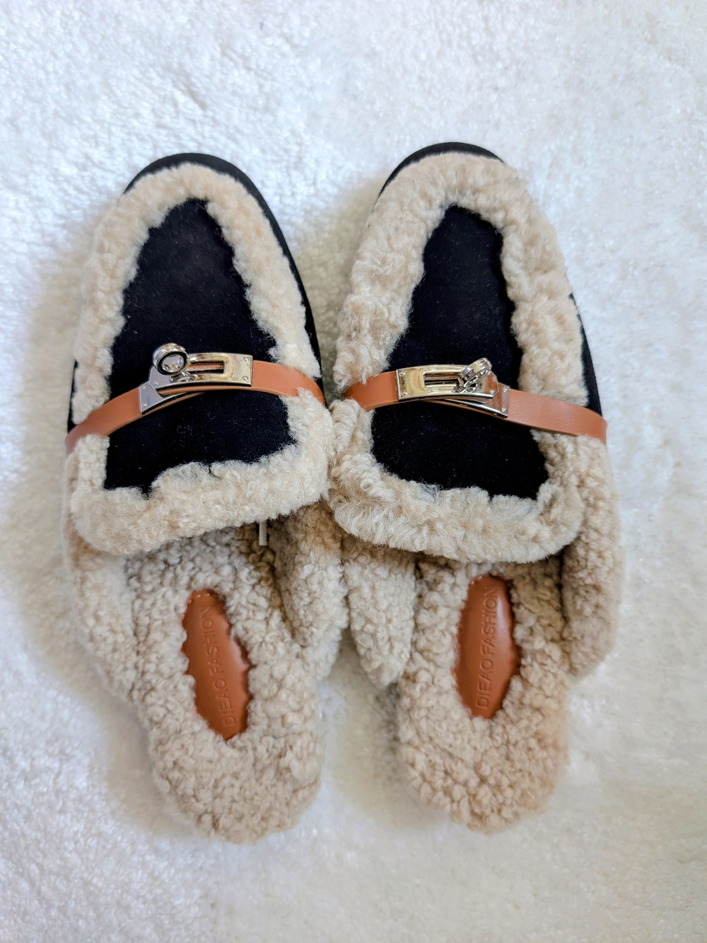 Plush Fuzzy-Trim Black & Beige Slip-On Mules with Gold Buckle